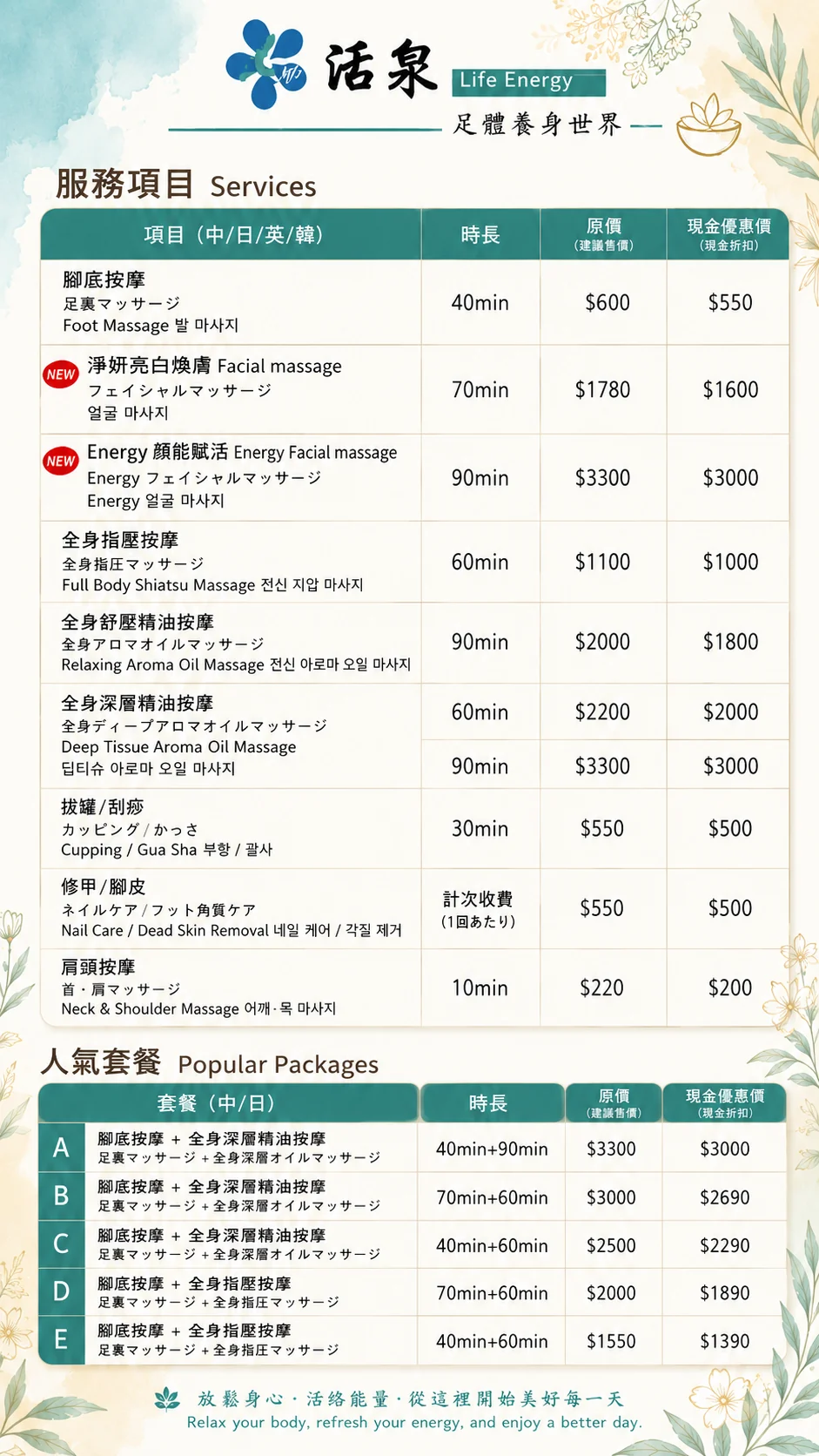 活泉足體養身世界服務項目與人氣套餐價目表